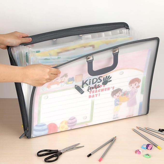 BTSKY 1 Pack A3 Art Portfolio - 11x17 Inch Zippered Accordion File Organizer with 13 Pockets, Portable Portfolio Folder with Zipper Closure & Sticky Labels for Artworks, Documents, Paintings