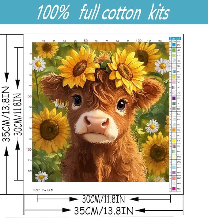 Highland Cattle Cross Stitch Kits for Beginners Adults, Sunflower Patterns Dimensions Needlepoint Art Crafts,Counted Cross Stitch Kits Embroidery Kits for Beginners Adults for Home Decor