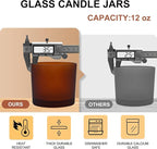 12 OZ Thick Candle Jars for Making Candles 12 Pcs, Empty Amber Jars with Wood Lids for Spice Jars, Sample Container, Frosted Brown