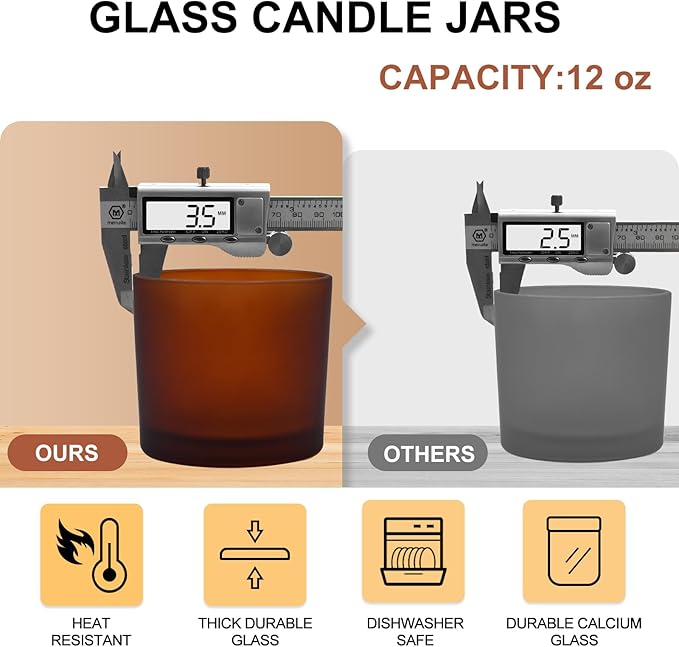12 OZ Thick Candle Jars for Making Candles 12 Pcs, Empty Amber Jars with Wood Lids for Spice Jars, Sample Container, Frosted Brown