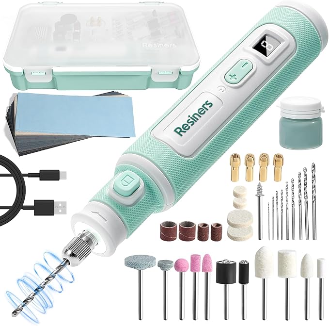 Resiners Cordless Rotary Tool Kit, Resin Drill & Polishing Kit, 8-Speed Adjustable, Type-C Charging, 52pcs Electric Jewelry Making Kit for Drilling, Polishing, Sanding, Grinding DIY Crafts