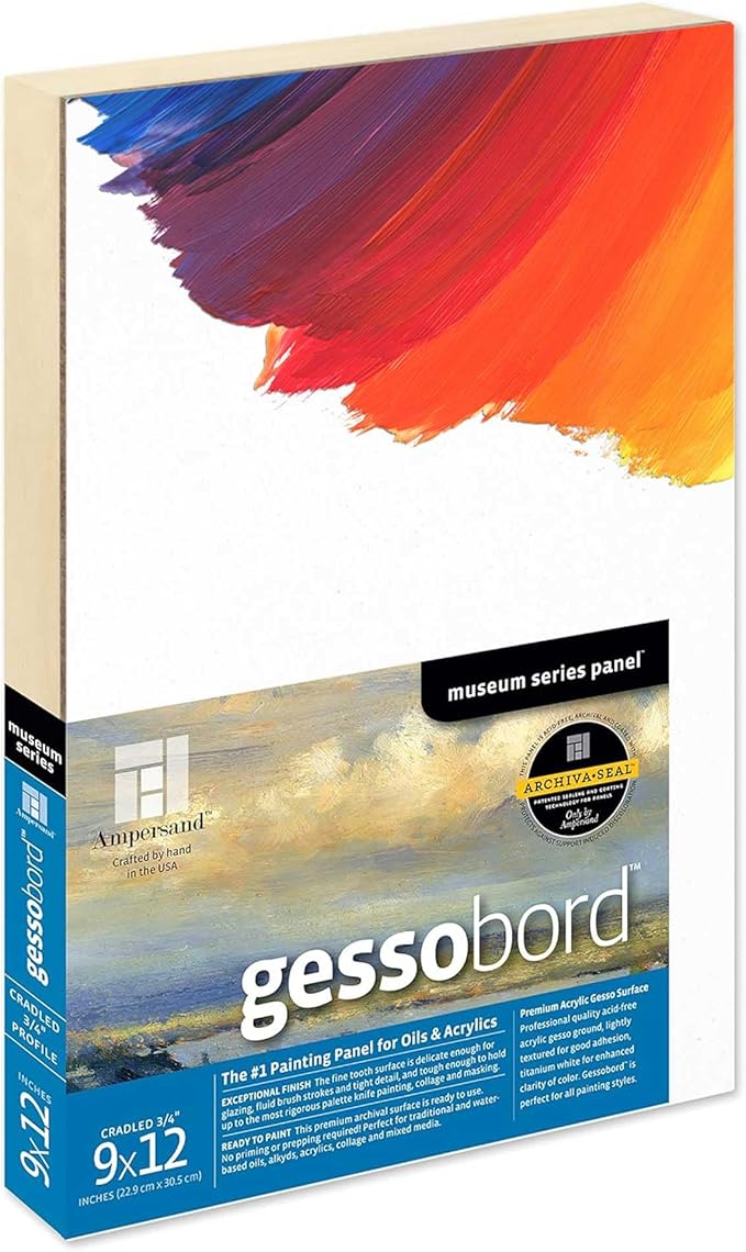 Ampersand Art Supply Gesso Wood Painting Panel: Museum Series Gessobord, 9" x 12", 3/4" Cradled Profile