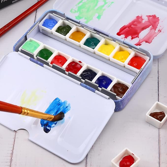 LOONENG Empty Watercolor Palette, Empty Watercolor Tin with Fold Out Palette, Small Purple Watercolor Tray Palette with 14 Empty Half Pans for Plein Air Painting and Sketching