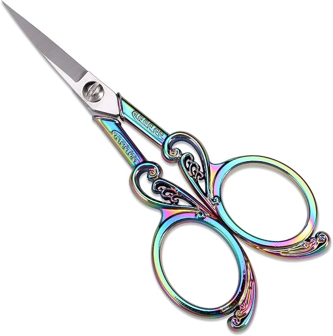 Detail Embroidery Scissors – Small Sharp Pointed Tip Shears for Sewing, Craft, Artwork, Needlework Yarn, Thread Snips, Handicraft DIY Tool, 4.5in Rainbow Vintage Style