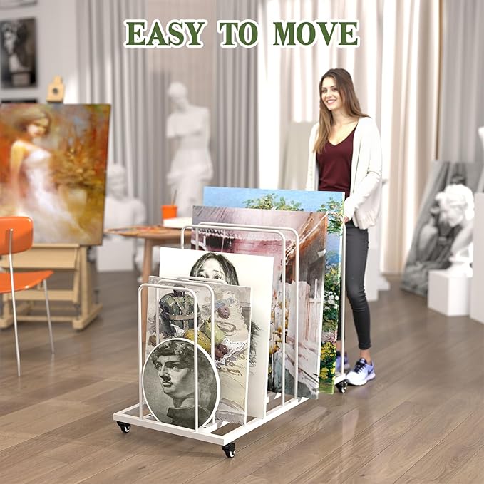 Art Canvas Storage Rack, Art Storage with Wheels, Adjustable Art Storage Easel Display Stands for Canvas Boards, Panel, Crafts Drying & Print Racks,Frame,White