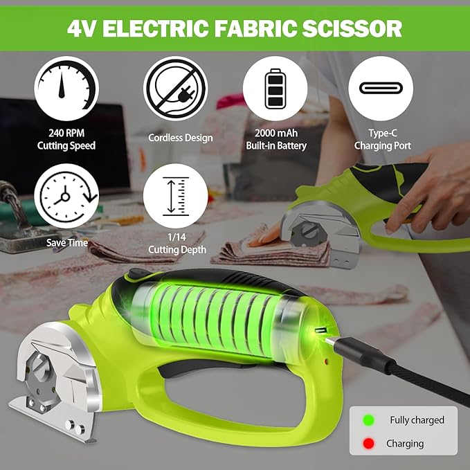 Cordless Electric Scissors, 4V Box Cutter & Cardboard Cutter with 2 Titanium Blades - Rotary Cutter with LED Light for Fabric, Leather, Carpet, Plastic, Crafting + Storage Case (Green)