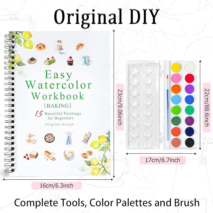 Watercolor Workbooks, 16 Colors Water Color Books Paint Set for Adults, Watercolor Coloring Book for Beginners, Water Color Workbook, 15 Beautiful Paintings for Beginners (Baking)