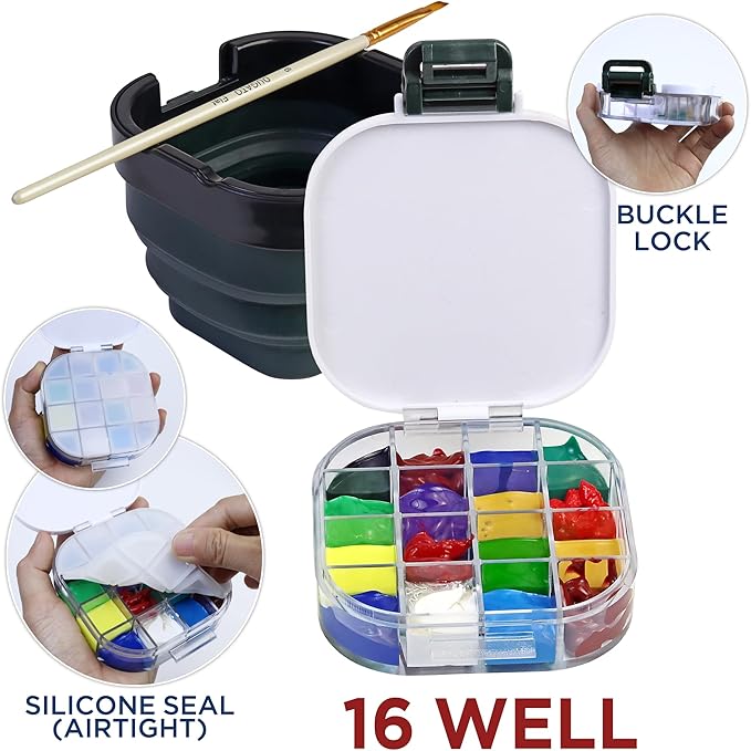 5.3 x 4.4 inches Airtight Paint Palette Box, Valuable Container Combines Cleaning Brush Basin and Brush Holder, Using for Beginners Learning Art Project Workshops Outdoor Painting (Green)