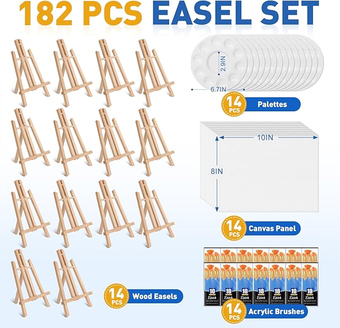 ESRICH 182 Pack Canvas with Easel Set 8 x 10 in Canvas Boards with 11.8 in Wooden Easels, Paint Brushes Canvas Panel Painting Kit for Acrylic Oil Watercolor Beginners Art Crafts Sip and Paint Party