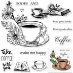 Flower Clear Stamps with Sentiment Words for Card Making and Photo Album Decorations, Coffee Heart Book Clear Rubber Stamps for Card Making Decoration and DIY Scrapbooking