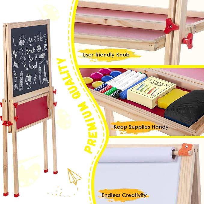 Double Sided Foldable Easel for Kids Adjustable Height Wooden Art Station with Paper Roll and Accessories Ideal Gift for Toddlers Boys Girls Ages 3 4 5 6 7 8 Years Old