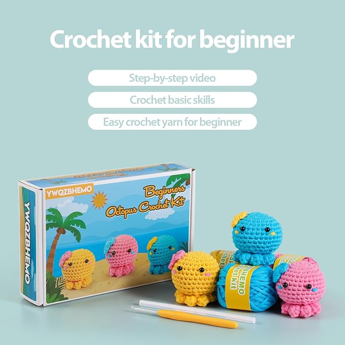 YWQZBHEMO Crochet 3 Colored Octopus Kit for Beginner/Experts, DIY This All in One Crochet Set for Starter, Includes Enough Yarn, Hook, Accessories