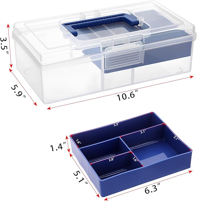JUXYES Plastic Carry Storage Box with Removable Dividers, Clear Art Craft Supply Storage Bin Sewing Box with Handle Lid, 2 Layers Stationery Storage Case for School/Office Supplies