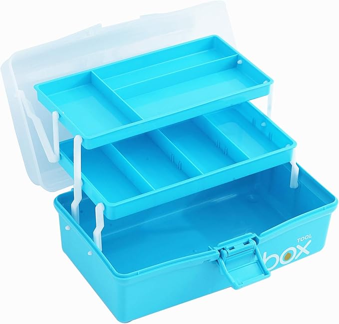 Sunxenze 12'' Three-Layer Clear Plastic Craft Storage Box, Tool Box/Sewing Box Organizer, Art Storage Box with Handle (Light Blue)