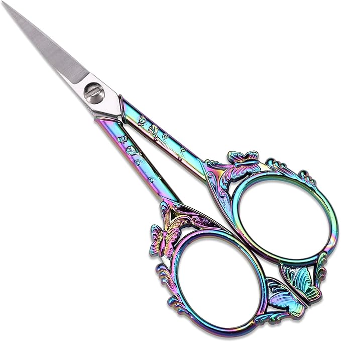 Sewing Embroidery Scissors – Small Vintage Sharp Detail Shears for Craft, Artwork, Needlework Yarn, Handicraft DIY Tool, Thread Snips, 4.7in Rainbow Butterfly Style