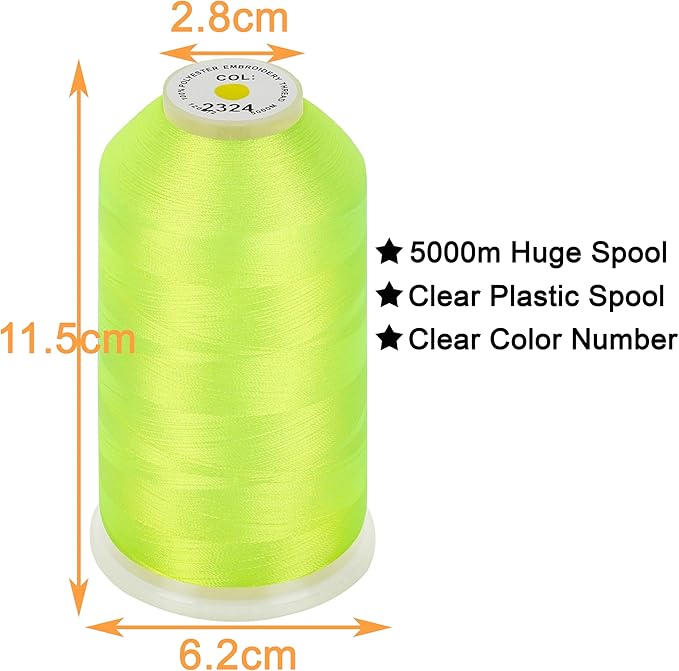 New brothread - Single Huge Spool 5000M Each Polyester Embroidery Machine Thread 40WT for Commercial and Domestic Machines - Neon Green