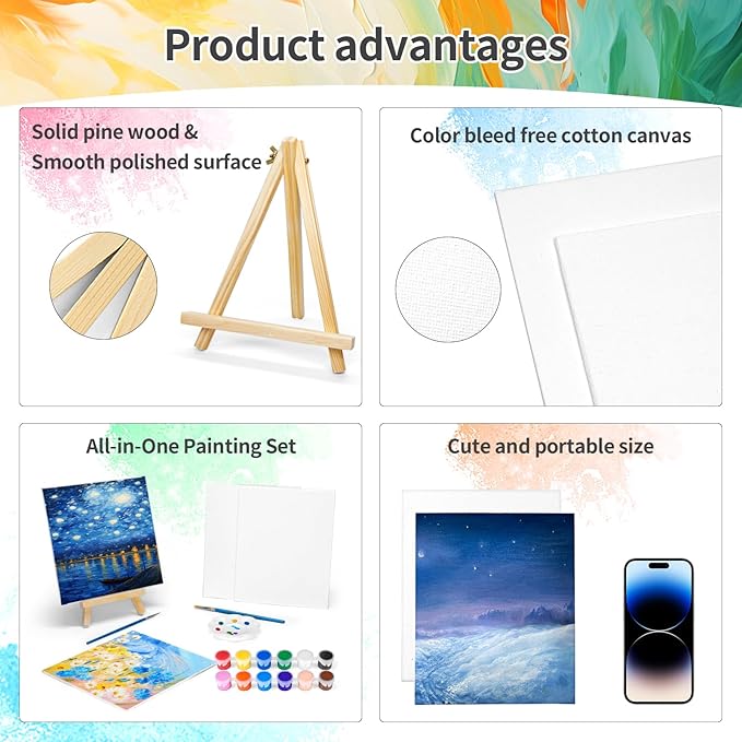 2 Pack 8 * 10In Canvas Boards for Painting, Art Canvas for Drawing with 4 Brushes & 2Paint Trays & 4 Acrylic Paint, Mini Painting Canvas with Easel Set, Painting Kits for Adults & Kids Party