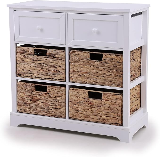 PHI VILLA White Storage Cabinet with Baskets, Accent Cabinet with Drawers, Entryway Rattan Cabinet with Shelves