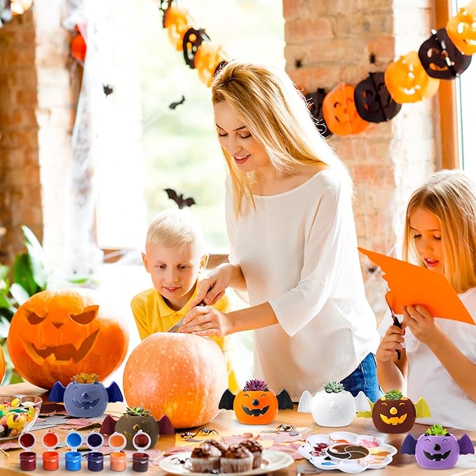 Pasimy 6 Set DIY Ceramic Succulent Planter Pots Paint Your Own Flower Pots Craft Kit Unpainted Bisque Paintable Flowerpot with Brush Palette Ready to Paint for Family Activity Gift (Bat)