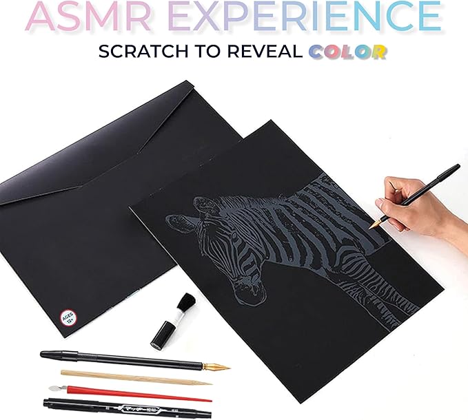 Polia ASMR Glitter Scratch Art Set (Satisfying) 5-Pack Canvas (4 Animals, 1 Freestyle, 1 Toolkit) - Art Supplies, Tools & Repair Pen - Large 16x11 inches - Relaxing Etch Sound Art Kit