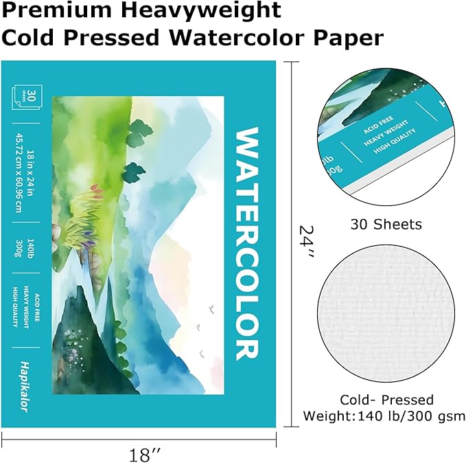 Hapikalor 18"x24" Large Watercolor Paper Pad, 1-Pack 30 Sheets 140lb/300gsm Artist Painting Large Drawing Pad, Art Supplies for Adults Kids, Watercolors, Watercolor Paint Set, Sketchbook, Teal