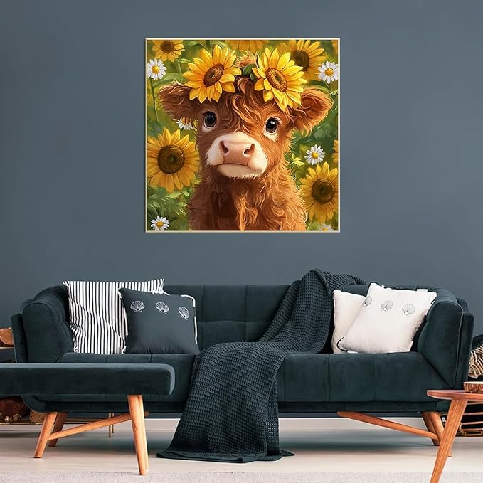 Highland Cattle Cross Stitch Kits for Beginners Adults, Sunflower Patterns Dimensions Needlepoint Art Crafts,Counted Cross Stitch Kits Embroidery Kits for Beginners Adults for Home Decor
