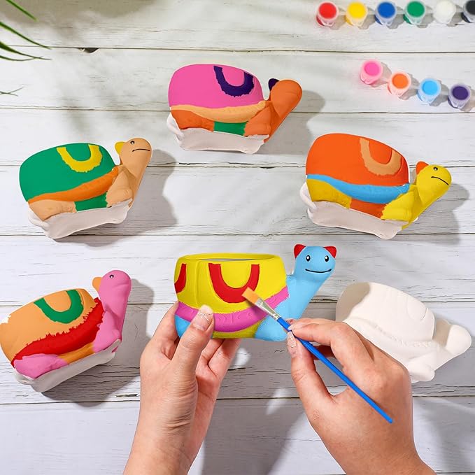Pasimy 6 Set DIY Ceramic Succulent Planter Pots Paint Your Own Flower Pots Craft Kit Unpainted Bisque Paintable Flowerpot with Brush Palette Ready to Paint for Family Activity Gift(Turtle)