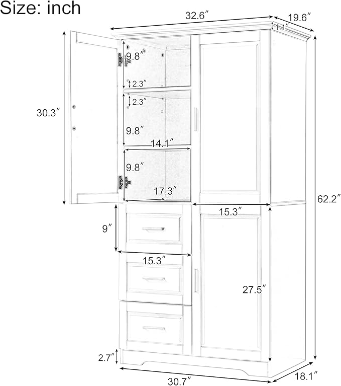 Large Storage Cabinet with 3 Doors and 3 Drawers, Freestanding Cabinet with Adjustable Shelves, Large Modern Versatile Cupboard for Home Office Livingroom (Black)