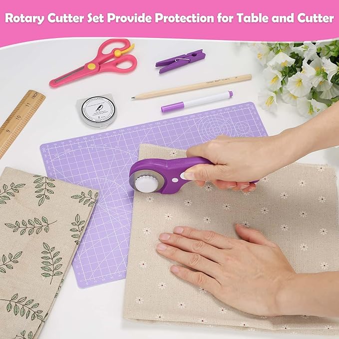 Rotary Fabric Cutter and Mat Set, Audab Self Healing Sewing Mats Shirt Cutter 45mm Rotary Cutting Wheel with Fabric Tool Blades for Cloth Crafts Quilting Scrapbooking Hobby (A4 9" x 12" Purple)