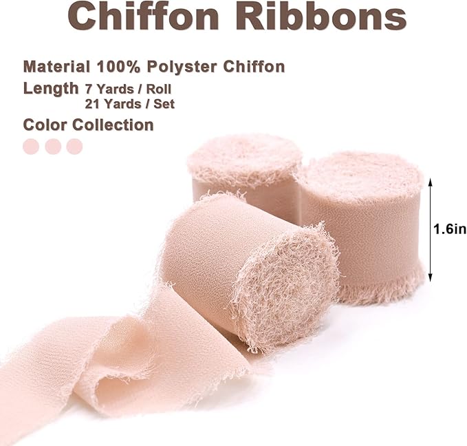 3 Rolls Light Pink Handmade Fringe Chiffon Ribbon 1.5" x 7Yd Silk-Like Colorful Rustic Ribbon for Bouquets Wrapping Decor Wedding Invitation Accessories