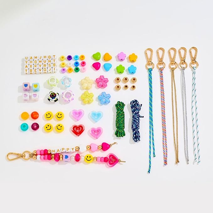 MYCUTEY 421Pcs DIY Keychain Making Kit - Beaded Keychain & Bag Charm Craft Supplies with Colorful Beads, Cords and Acrylic Heart Flower Charms for Kids, Personalized Alphabet A-Z Name Making Kit Gifts
