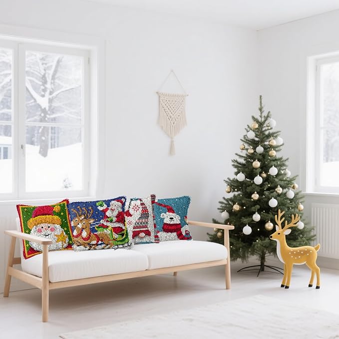 Vin Elladat Latch Hook Kit for Adults Santa Claus DIY Throw Pillow Cover Crochet Yarn Kits Needlework Crafts Arts Christmas Home Decor 17X17inch (BZ631)