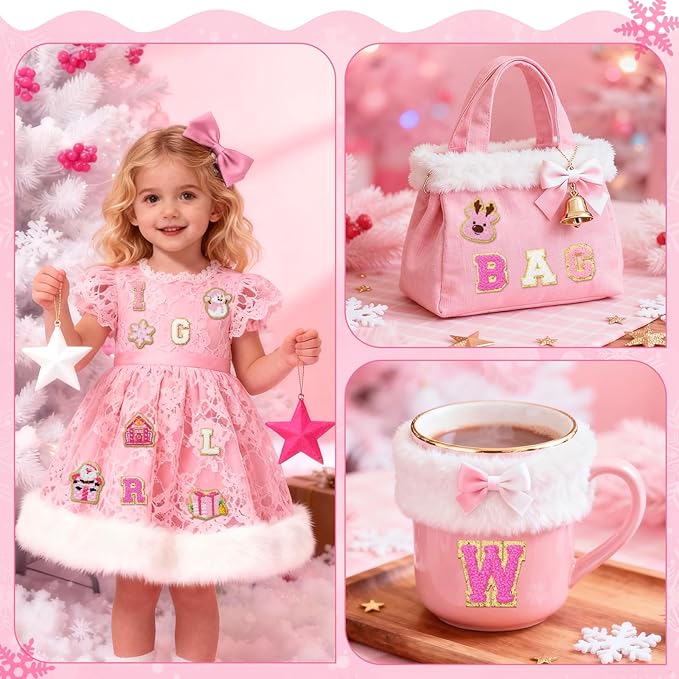 154 Pcs Pink Christmas Patches Chenille Christmas Letter Patches Self Adhesive Embroidered,Include 104 A-Z Letters Patch Stickers,50 Winter Snowflake Snowman Wreath Stick on Patch for Backpacks