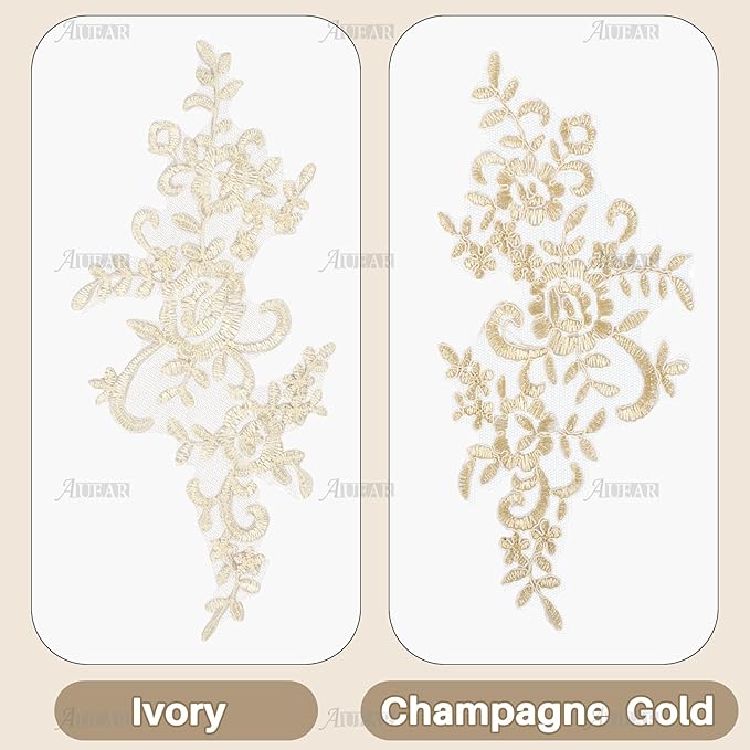 AUEAR, 2 Pack Champagne Gold Flower Lace Applique Patches Sew on Appliques for Wedding Home Decoration