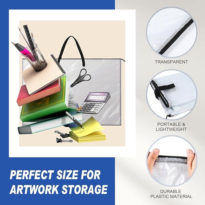 Tenceur 2 Pcs Art Portfolio Case 24 x 36 and 48 x 36 Inch Large Poster Storage Bag PVC Art Portfolio Container with Zipper and Handle Bulletin Board Clear Storage Folder for Artwork
