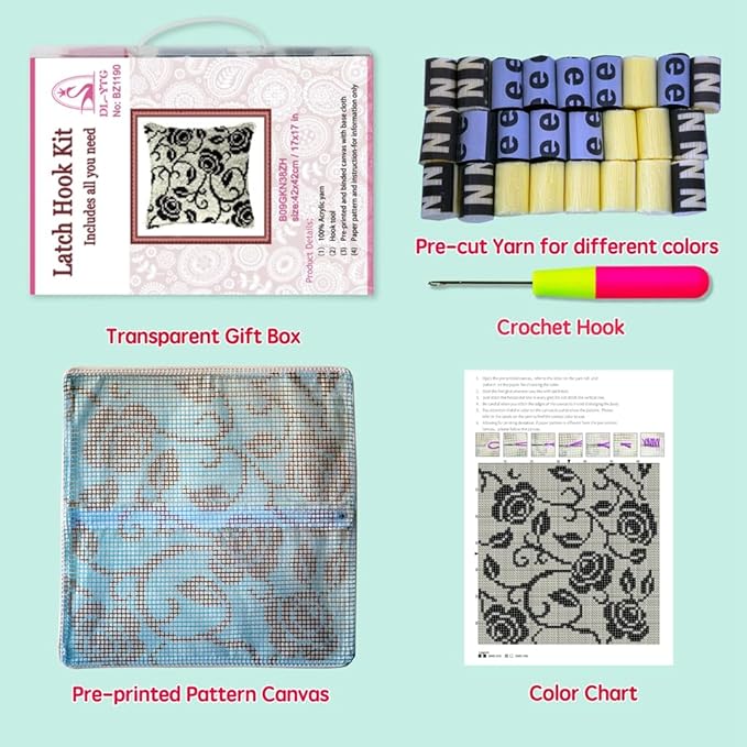 DL-YTG Latch Hook Kits Pillow Black Rose Flower Crochet Yarn Cushion Colour Pre-Printed Canvas Rug Needlework DIY Pillowcase Hook and Latch Kit Christmas Home Crafts Sofa Decoration 42x42cm/17 X17