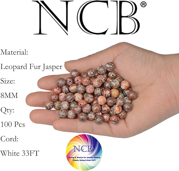 NCB 100PCS 8mm Natural Red Leopard Fur Jasper Beads Gemstone Round Loose Stone Beads Spacer Beads for Jewelry Making with Crystal Stretch Cord (Red Leopard Fur Jasper, 8mm 100Beads)