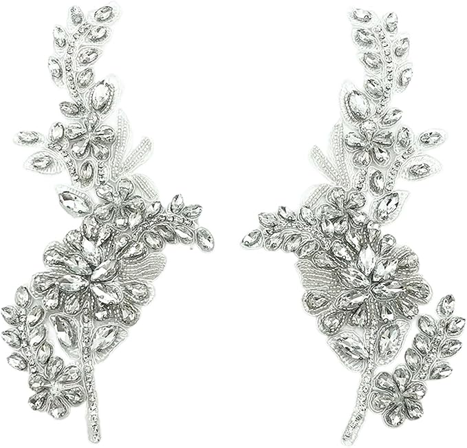 1 Pair Handmade Flower Rhinestone Applique for Clothes, Crystal Fabric Patches for Wedding Dress, Bling Beaded Embroidery Lace Applique for Hat Hairband Sewing Embellishment (Silver)