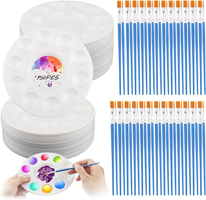 150Pcs Paint Brushes Palettes Set Include 50Pcs Paint Tray Palettes 50 Flat Paint Brushes 50 Pointed Tip Paint Brushes,Plastic Pallets Nylon Hair Paintbrush Set for Acrylic Oil Watercolor Art Paint