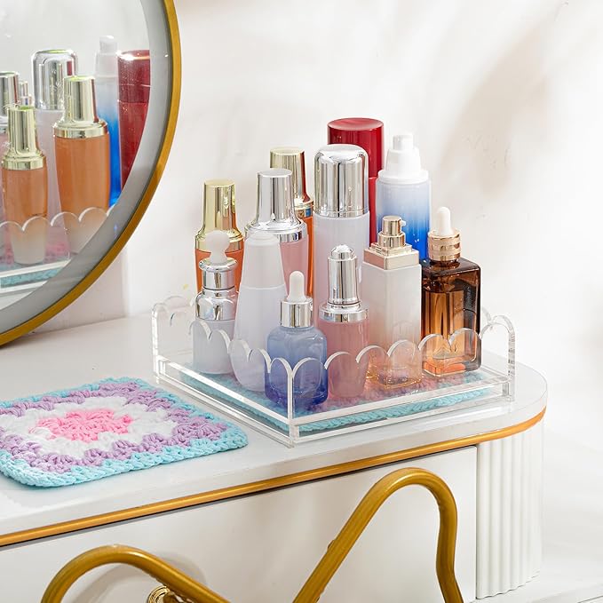 2 Pcs Acrylic Scalloped Tray Large Clear Acrylic Tray with Drawer for Insert Customizable Photos, Art, and Fabric Scalloped Basket for Needlepoint Napkin Frame Display Messages (9" X 9")