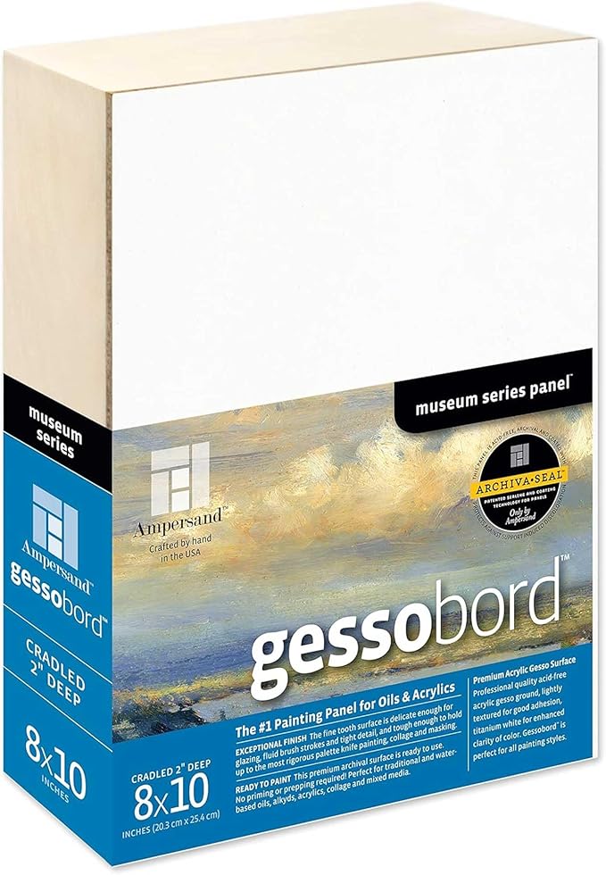 Ampersand Art Supply Gesso Wood Painting Panel: Museum Series Gessobord, 8" x 10", 2" Cradled Profile