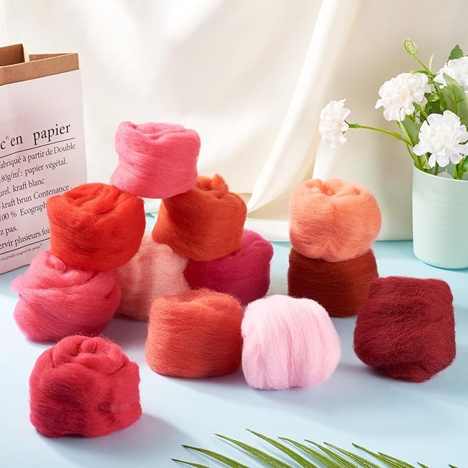 FASHEWELRY 2.1 OZ Needle Felting Wool Roving Set Pink Theme Nature Wool Roving 12 Colors Wool Felting Supplies for Needle Felting Wet Felting DIY Hand Spinning