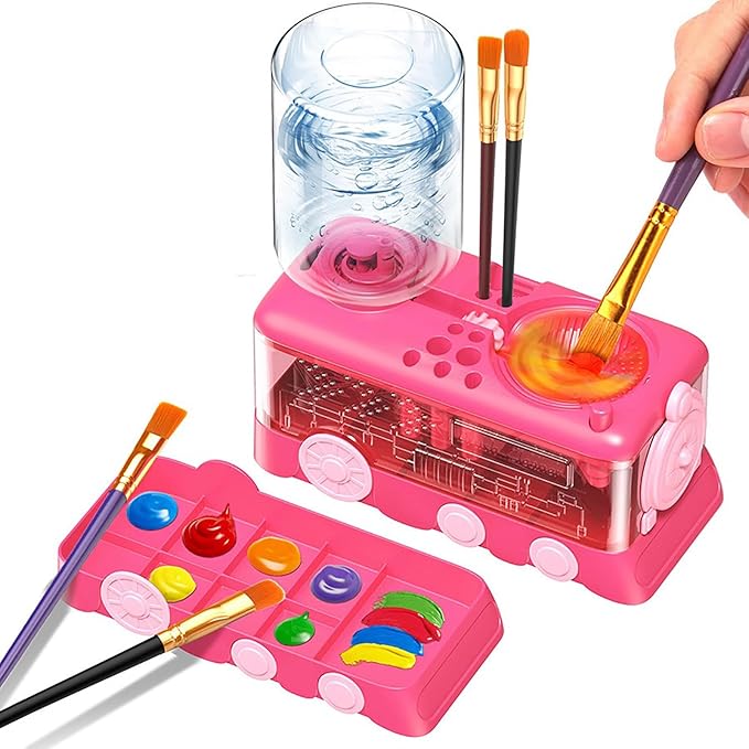 Paint Brush Cleaner with Paint Tray, Water Circulation Brush Rinser with Brush Holder, Watercolor/Oil and Water-Based Paint Brush Cleaner Tool, 400ml Capacity, Train Design, Gift for Artist Beginners