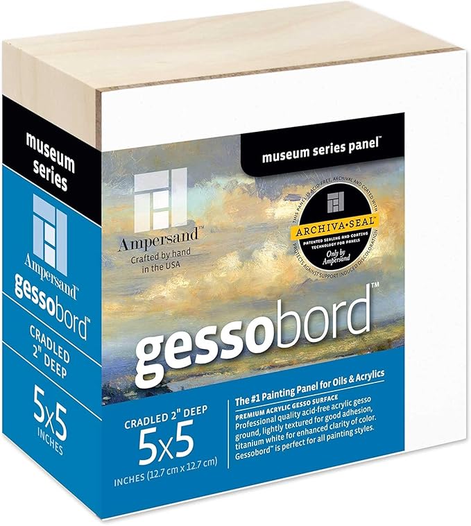 Ampersand Art Supply Gesso Wood Painting Panel: Museum Series Gessobord, 5" x 5", 2" Cradled Profile