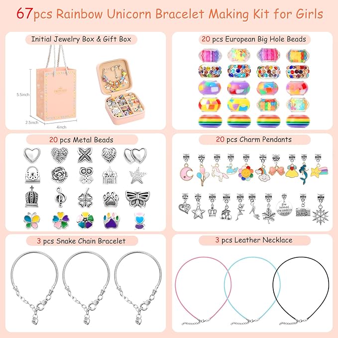 Charm Bracelet Making Kit for Girls 4-6, Kids Jewelry Making Kit 5-7 6-8 66Pcs Jewelry Kits for Teen Girls Ages 8-12 Jewelry Maker Craft Birthday Christmas Gifts with Initial Jewelry Organizer Box -J