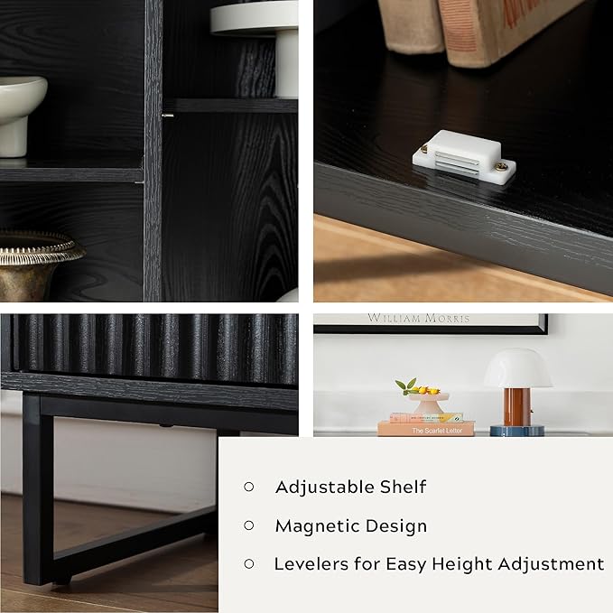 Fluted Storage Cabinet with 3 Doors, Sideboard Buffet Cabinets with Adjustable Shelves, Multifunctional Console Table with Storage Credenza for Living Room, Hallway, Black