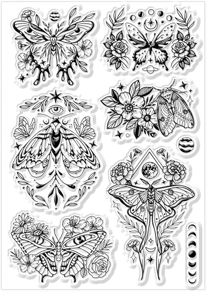 CHGCRAFT Moth Flowers Clear Stamps Moon Phase Silicone Stamps Craft Stamps for Journaling Card Making DIY Scrapbooking Handmade Photo Album Notebook