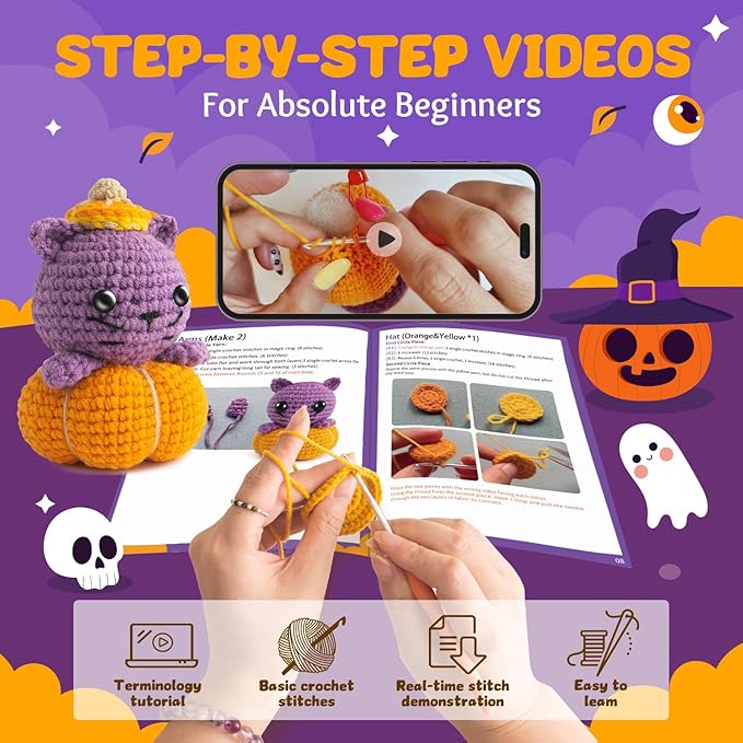 POP COCHE Halloween Crochet Kit for Beginners, Crochet Starter Kits for Adults, Amigurumi Craft Knitting Crochet Animal Kit with Step-by-Step Video Tutorials, Pumpkin Cat (40%+ Yarn)