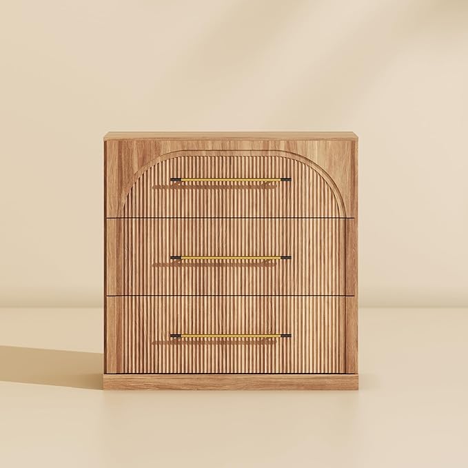 BELLEZE Set of 3 Fluted Modular Sideboard Cabinet, Classic Modern Buffet Cabinet with 3 Drawers, Accent Credenza Storage Cabinet for Dining Room Living Room Entryway (Camel)