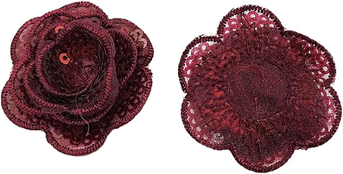 5 PC Rose Flower Sequins Lace Embroidery Patch Applique Trim Wedding Dress DIY Sewing Craft Clothes Applique, 1.6 Inch, Burgundy